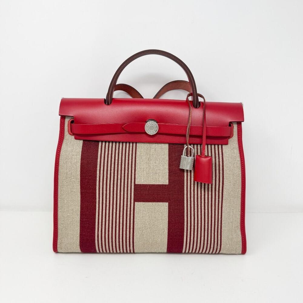 Hermès Cream/Red Toile H Vibration Herbag Zip 31